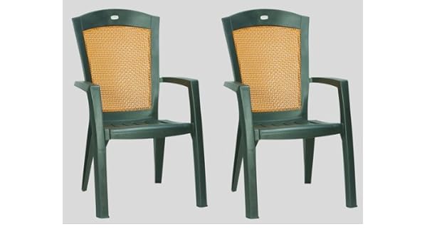Set Of 2 Garden Arm Chairs In Green Wicker Rattan Back Resin