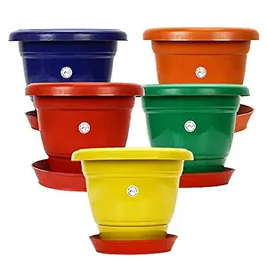 Kraft Seeds Gamla / Planter / Pot / 5Pc Colourful - 18cm Diameter, 16cm Height with Colourful Bottom Plate / Tray of 18cm Diameter (Multicolor)