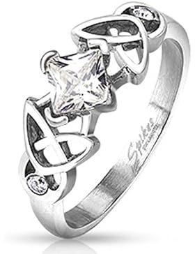 Paula & Fritz® Ring aus Edelstahl Chirurgenstahl 316L silbern 8mm breit Stammesmuster mit Zirkonia quadratisch...