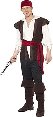 SMKMI Smiffys Déguisement Homme Pirate, Bandeau, Haut, Pantalon, Ceinture et Surchaussures, Pirate, Serious Fun, Taille M, 20469