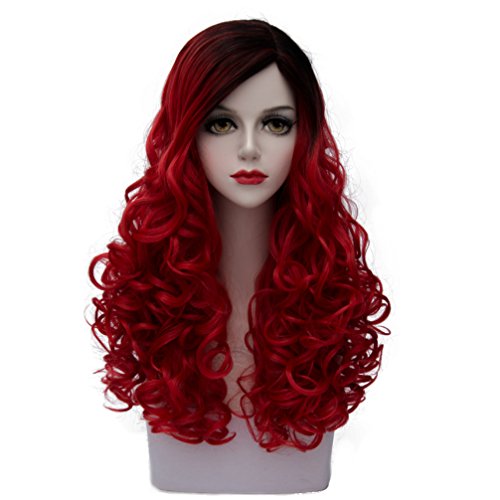 CosplayMIX 14 Colors Mixed Colors 60cm Lolita Cosplay Heat Resistant Women Curly Wig+ Cap (Color Red Mix Black)
