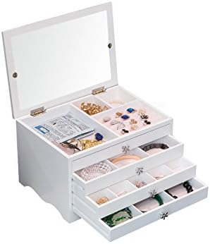 Somine Jewellery Box Wooden Case 4 Layers with Large Mirror and Drawers – Elegant Ornaments Organizer Tabletop Decoration - Jewelry/Makeup/Cosmetics/Watch Holder – Pearl White Color
