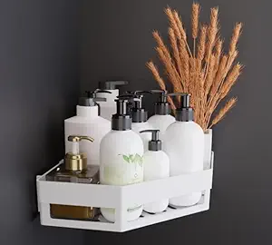 Bathroom Accessories Kitchen Bathroom Shelf Wall Holder Storage Rack Bathroom Organizer Rack Storage Box Strong Adhesive Sticker Shower Rack Shelf Bathroom Corner (White, 1 Corner)