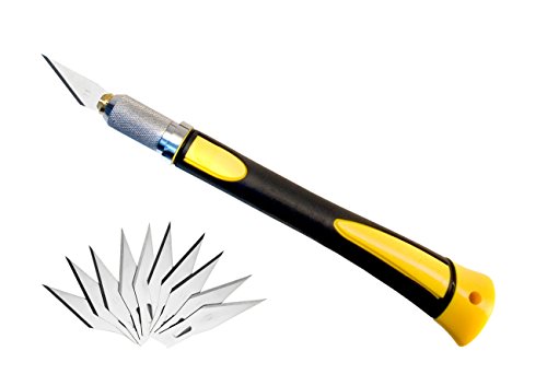 HOMETOOLS.EU – Schnitzmesser Pro 12-teilig gelb/schwarz ergonomischer Soft Griff SET inklusive 11 Ersatzklingen zum Schnitzen, Basteln, Schneiden, Cutter - 2