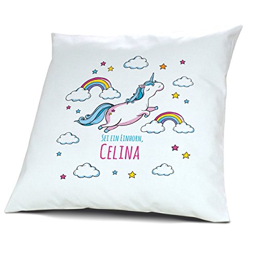 Kopfkissen mit Namen Celina - Motiv Sei ein Einhorn, 40 cm, 100% Baumwolle, Kuschelkissen, Liebeskissen, Namenskissen, Geschenkidee