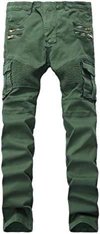 LAMCORD Men's Biker Skinny Slim Fit Stretch Crinkle Cargo Pants Denim Jeans , Army Green , W38