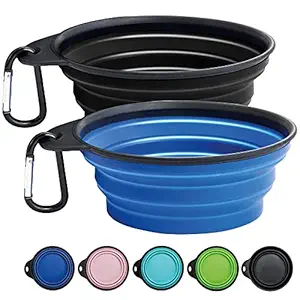 Gorilla Grip Premium Collapsible Dog Bowls and Carabiner, Silicone Portable Feeding Dish, Dishwasher Safe, Easy Carry Foldable Pet Bowl, Walking Dogs Hiking Camping, 4 Cups, Black/Royal Blue