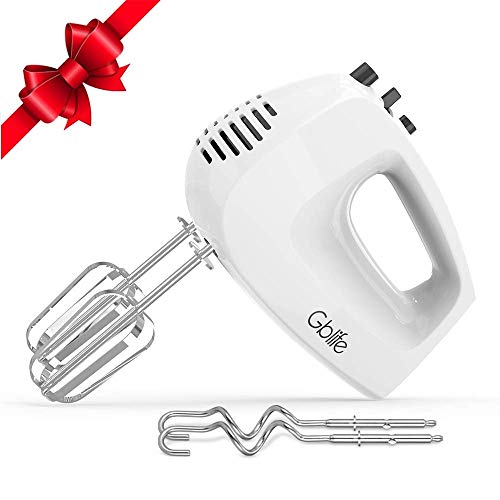 Gblife Batteur à Main Électrique 5 Vitesse 2 Fouets 2 Crochets à Pétrir pour Gâteau Crème Pâte Œuf Sans BPA Blanc