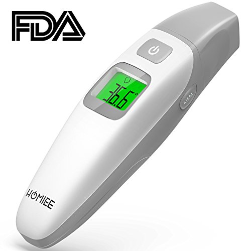 Preisvergleich Produktbild HOMIEE Ohrthermometer Stirnthermometer Fieberthermometer Digital Infrarot Thermometer, Fieberwarnung, Hintergrundbeleuchtungsanzeige, Sofortlesung, Speicherabruf und CE / FDA Zertifiziert(Grau)