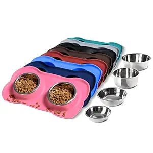 Hubulk 2 Stainless Steel Pet Dog Bowls with No Spill Non-Skid Silicone Mat + Pet Food Scoop for Feeding Dogs Cats Puppies (S, Pink)