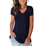 iHENGH Damen Top Bluse Bequem Lässig Mode T-Shirt Frühling Sommer Blusen Frauen Kurzarm V Ausschnitt Solide T-Shirt Lässige Lose Tops Bluse(Marine, M)