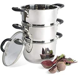 ProCook Gourmet Stainless Steel - Set Cuiseur Vapeur INOX Induction - Marmite & 2 Paniers Vapeur INOX - Couvercle Verre Trempé - Poignée Silicone Isolant - 20 cm / 3 Niveaux