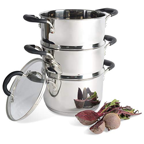 ProCook Gourmet Stainless Steel - Set Cuiseur Vapeur INOX Induction - Marmite & 2 Paniers Vapeur INOX - Couvercle Verre Trempé - Poignée Silicone Isolant - 20 cm / 3 Niveaux