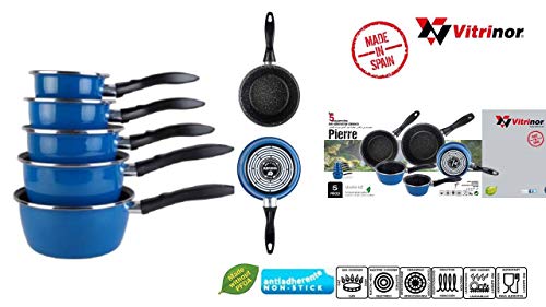 magnefesa Lot de 5 casseroles émail Bleu Induction Interieur facon Pierre