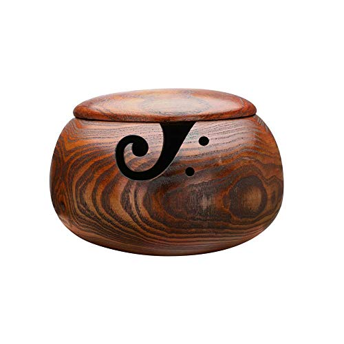 Ciotola in legno per filati, fatta a mano, per lavori a maglia, uncinetto, con coperchio rimovibile, kit di accessori per lavoro a maglia, 16 x 7 cm