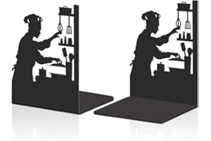 Hobbspring 2Pcs Black Bookend for Shelves Cooking Metal Bookends Chef Heavy Duty Book Shelf Holders Gourmet Food Reading Decorative Book Ends for Office Library Back to School Small Large Heavy Books