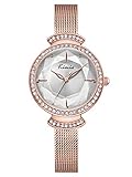 Alienwork Damen-Armbanduhr Quarz Rose-Gold mit Milanaise-Mesharmband Edelstahl Weiss Strass elegant