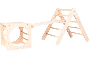 MAMI SRL Percorso Montessori per Bambini, Triangolo Cubo Dondolo Scivolo con Arrampicata, Giochi Educativi in Legno Naturale (Qui Quo Qua)