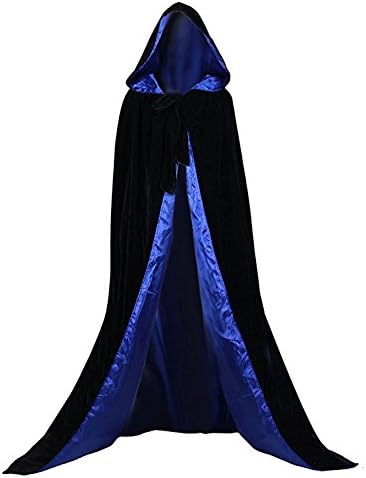Black Halloween Hooded Cloaks Medieval Costumes Cosplay Wedding Capes (Black-blue, M)