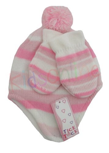 STYLE MIXX Girls Boys Baby Infant Striped Soft Woolly Winter Hat Mittens Set 3-24 Months (3-6 Months, Pink Stripe)