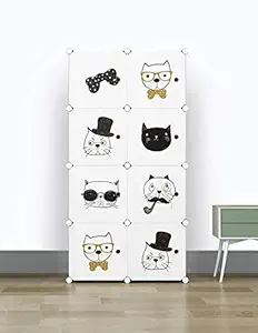 KriShyam Kids Wardrobe Cabinet Storage Wardrobe Storage Rack Closest Organizer Collapsible Waterproof Wardrobe for Kids, Students, Guests, Living Room Bedroom Small Accessories (8Box_Cat Printed)