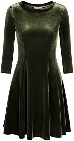 Slivexy Women's Soft Velvet 3/4 Sleeve Round Neck A-Line Swing Dress Green Large