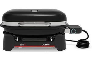 Weber Lumin Compact bärbar kompakt elektrisk grill, upp till 315 °C, med locktermometer, porslinemaljerad gjutjärnsrost, 43 x 32 cm grillyta, svart (1502044)