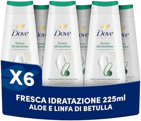 Dove Bagnoschiuma Fresca Idratazione, Bagnodoccia Idratante, Formula Delicata sul Microbioma della Pelle, con Agenti Idratanti Vegetali, Senza Solfati SLES, Bagnodoccia Uomo e Donna, 6 Pezzi da 225 ml