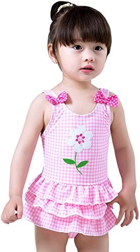 Meeyocc Baby Girls Swim Suits Tiered Ruffle Kids Bowknots Swimming Costume Toddler Children Cute One Piece Swimwear Plaid Beachwear