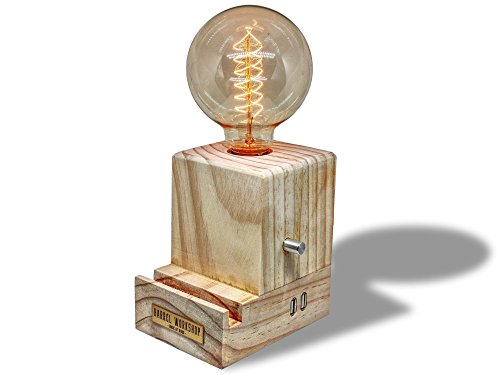 Balloon Lamp - Dimmable vintage table wood lamp with 2 USB ports by Barrel Workshop (220v. vintage bulb is included)