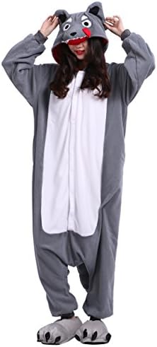 AKAAYUKO Unisex-Adult Onesies Kigurumi Cartoon Gray Wolf Animal Pajama Size M
