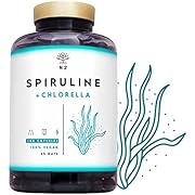 Alga Spirulina Chlorella Compresse Integratore alga clorella. Difese Immunitarie Antiossidanti, Ferro, Proteine vegane, Clorofilla. 2244 mg Alghe per Dose. 180 Capsule Vegano CE N2 Natural Nutrition