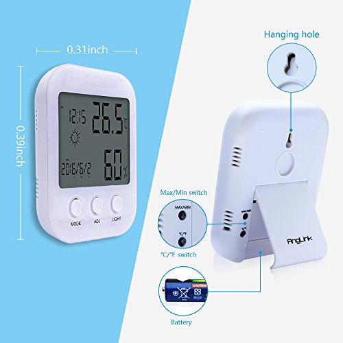 Hygrometer, AngLink Digitales Thermometer Hygrometer Thermo-Hygrometer Raumklimakontrolle Raumluftüberwachung mit Datum Wecker (Weiß) - 5