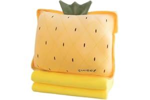 Rikyo 15" Stuffed Fruit Travel Blanket and Pillow Set,Plush Stuffed Hugging Pillow with Warming Hands Pillow Blanket for Kids Gift Travel Airplane Train Bed Office Nap (Yellow - Pineapple)