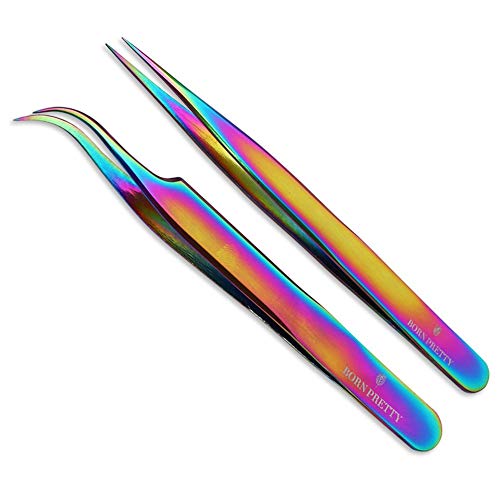 Born Pretty Pinzette Gerade Curved Regenbogen Edelstahl Nippers Nagel-Kunst-Aufkleber Strass Wimpern Picker Professionelle Präzisions-Spitze Pinzetten für Ingrown Haar Gesichtsbehaarung Eyebrows