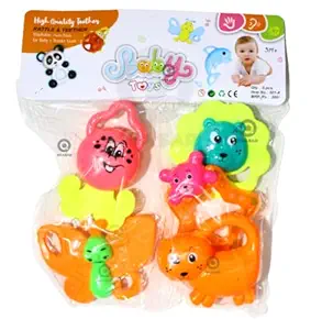 Quasar Colorful Rattle Teether Baby Toy Safe Plastic with Rubber Non-Toxic Plush Rings Babies 6months+ Sorting Stacking Plugging Toys Children Baby First Toys - Multicolor (Pack of 4)