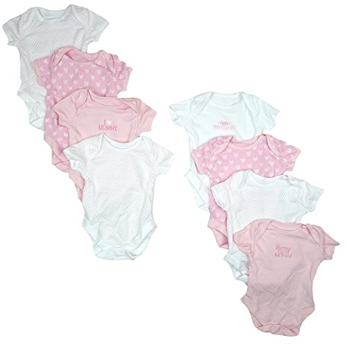 Baby Girls Pack of 8 Cotton I Love Mummy Pink & White Bodysuits Newborn to 24 Months