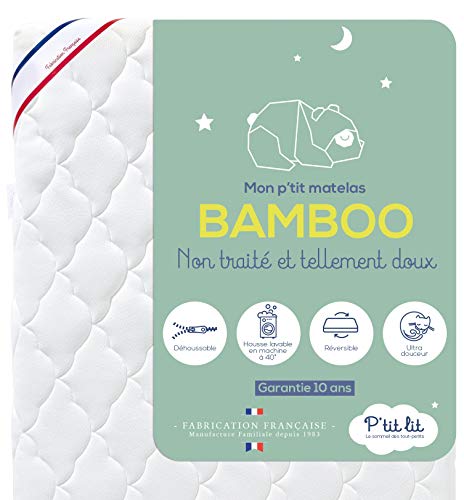 P'TIT LIT - Matelas Bébé Bamboo - 70x140 cm - Viscose Douce et Absorbante - sans Traitement Chimique - Déhoussable - Oeko Tex® - Fabrication Française