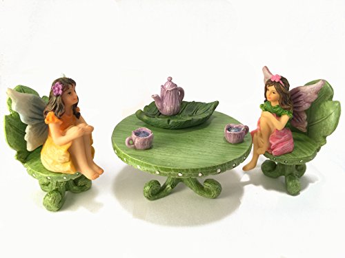 Miniatur-Fee Gartenmöbel Set: Blatt Bistro Set mit Tee-Set für Feen und Gartenzwerge - 8