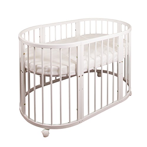 NEW!! LITTLE BABES LTD ALL SOLID BEECH WOOD WHITE COLOUR OVAL SHAPE BABY CRIB - OVAL COT - 3 IN 1 BABY BED + QUALITY HIGH DENSITY FOAM MATTRESS + 2x FITTED 100% COTTON SHEET