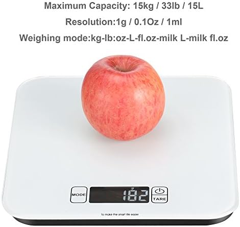 Digital Kitchen Scales LCD Display Maximum Capacity 15kg &amp; Include Batteries, Clean Tempered Glass Food Scales with Various Weighing Mode