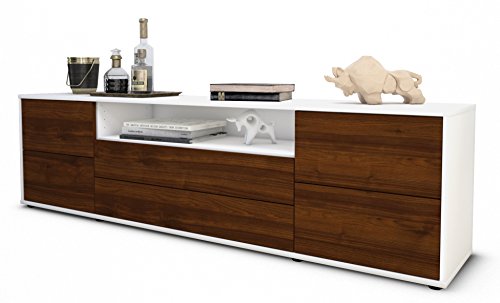 Stil.Zeit TV-Schrank Lowboard Aurora, Korpus in Weiss Matt/Front im Holz-Design Walnuss (180x49x35cm), mit Push-to-Open Technik und Hochwertigen Leichtlaufschienen, Made in Germany
