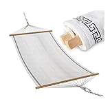 XXL Outdoor Hängematte Trinidad mit gesticktem Muster-Streifen | Stabhängematte wollweiß | atmungsaktiv | Spreizstab