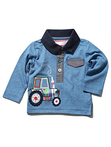 M&Co Baby Boys Long Sleeve Contrast Collar Chambray Pocket And Tractor Applique Polo Shirt Blue 18/24 Mnth