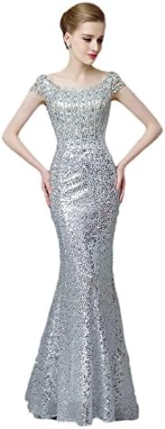 Chuanyi Women's Maxi Mermaid Sequined Prom Evening Dresses with Rhinestone Beaded, Silver, 16