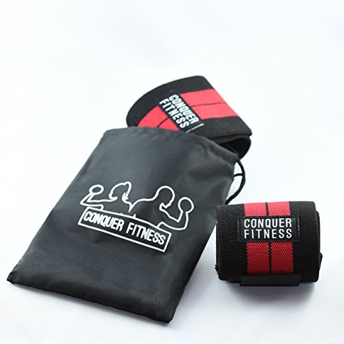 Fitness Handgelenkbandagen 2er Set für Bodybuilding CrossFit Krafttraining Powerlifting Gewichtheben Kraftsport, Bandagen geeignet für Frauen & Männer, 45cm, mit Tasche, Conquer Fitness Wrist Wraps