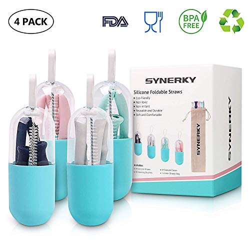 SYNERKY Set de 4 pajitas Reutilizables de Silicona, pajitas Flexibles Plegables de Beber con Estuches de Viaje cepillos de cimpieza para Regalo al Aire Libre de la Oficina en casa del Viaje