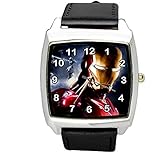 Taport® Iron Man Quarz-Armbanduhr, quadratisch, SCI FI, echtes Lederband, inklusive Ersatzakku und Geschenkbeutel, Schwarz