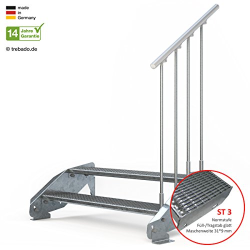 Preisvergleich Produktbild Außentreppe 2 Stufen 120 cm Laufbreite – einseitiges Geländer rechts - Anstellhöhe variabel von 29 cm bis 44 cm - Gitterroststufe ST3 - feuerverzinkte Stahltreppe mit 1200 mm Stufenlänge als montagefertiger Bausatz