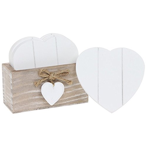 Provence Heart Coasters with Holder Wood Natural / White Shabby Chic